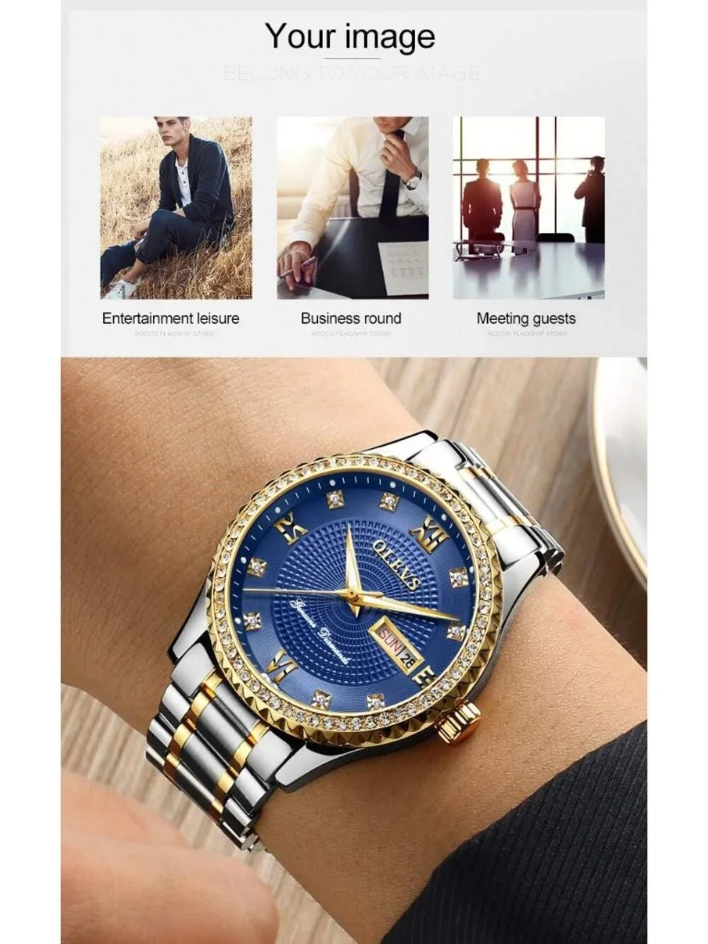 Mens Silver Blue Diamond Stainless Steel Waterproof Luminous Analog Luxury Watch
